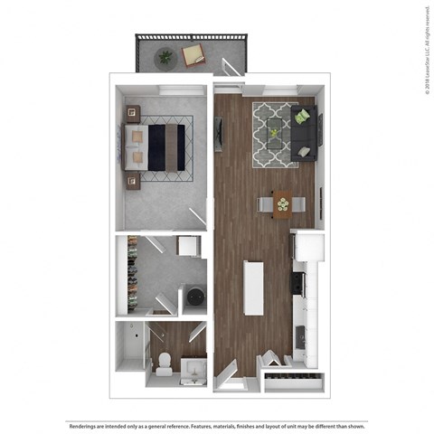 Floor plan for 1 bed, 1 bath, 732 sqft
